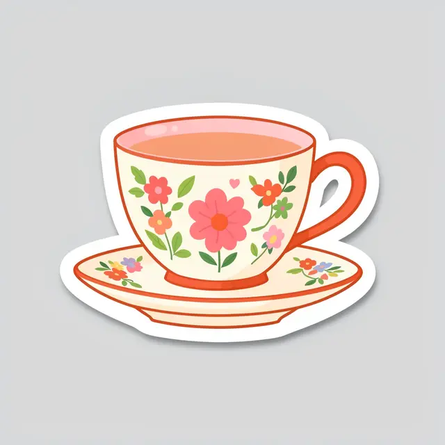 Die-cut sticker of a floral illustrated teacup on a saucer set against a plain light gray background