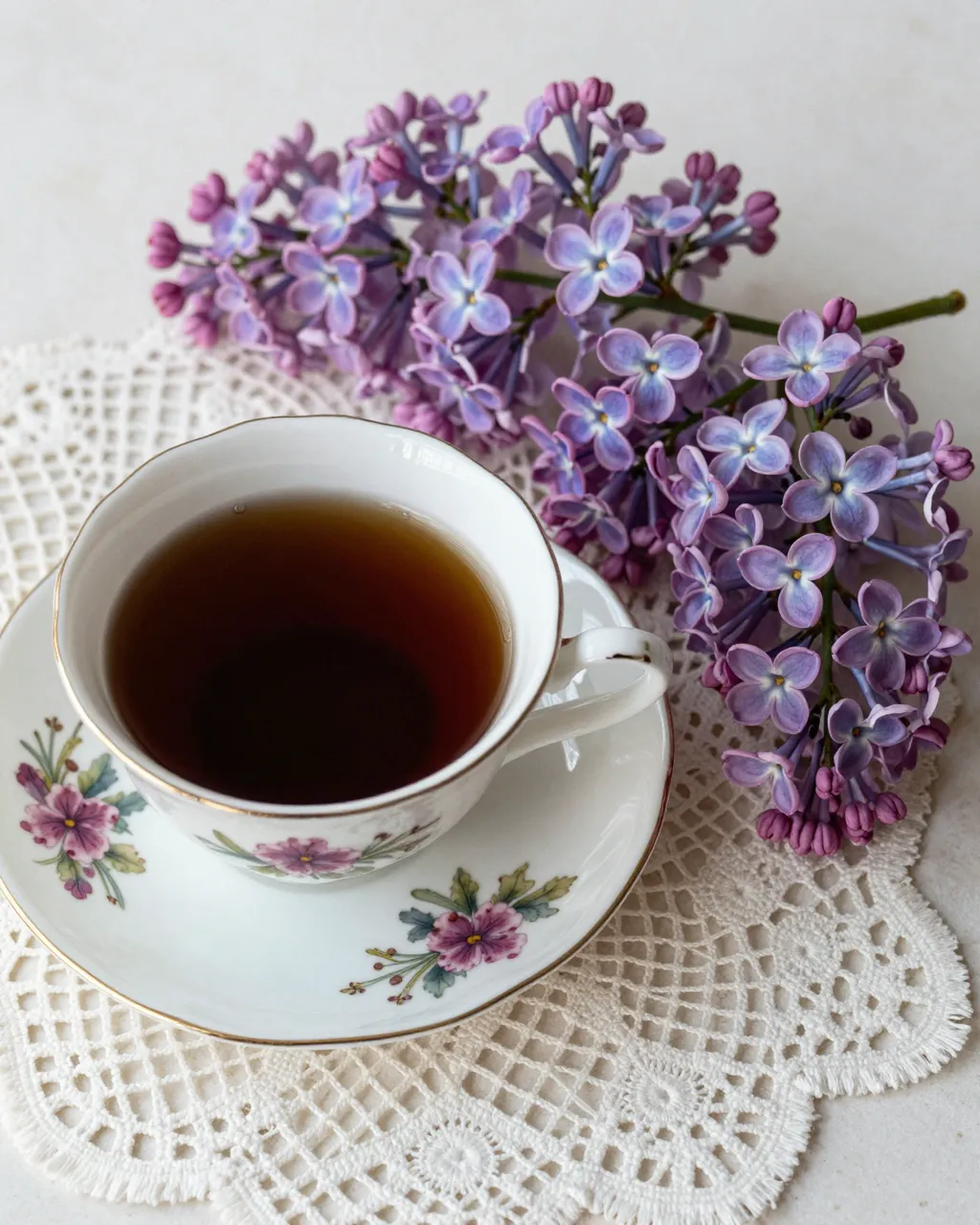 A delicate floral teacup of black tea rests on a lace doily beside fresh lilac blooms.