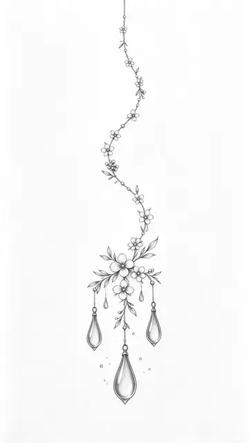 Vertical dotwork line drawing of a hanging vine of flowers and teardrop beads on white paper