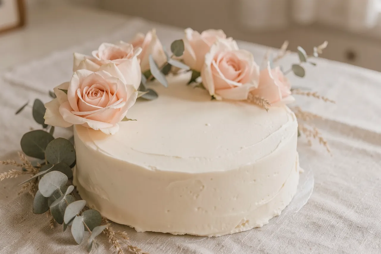 Single tier white buttercream cake decorated with pale pink roses, eucalyptus and dried grasses on a linen tablecloth