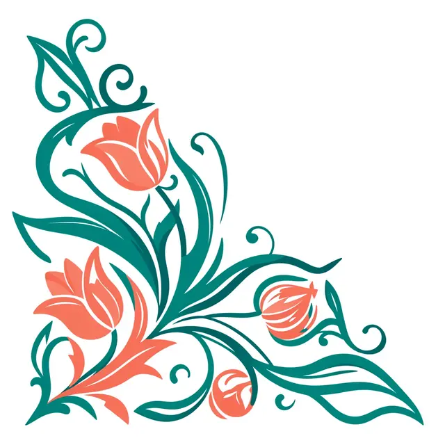 Flat vector corner ornament of stylized coral tulips and teal curling leaves on a white background