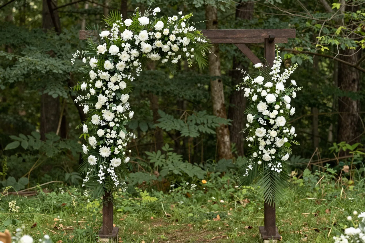 A wooden wedding arch decorated with white flowers and green foliage stands in a sun dappled forest clearing.