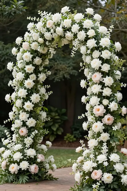 Asymmetric floral wedding arch of white roses, blush peonies and jasmine stands in a walled garden with no people visible