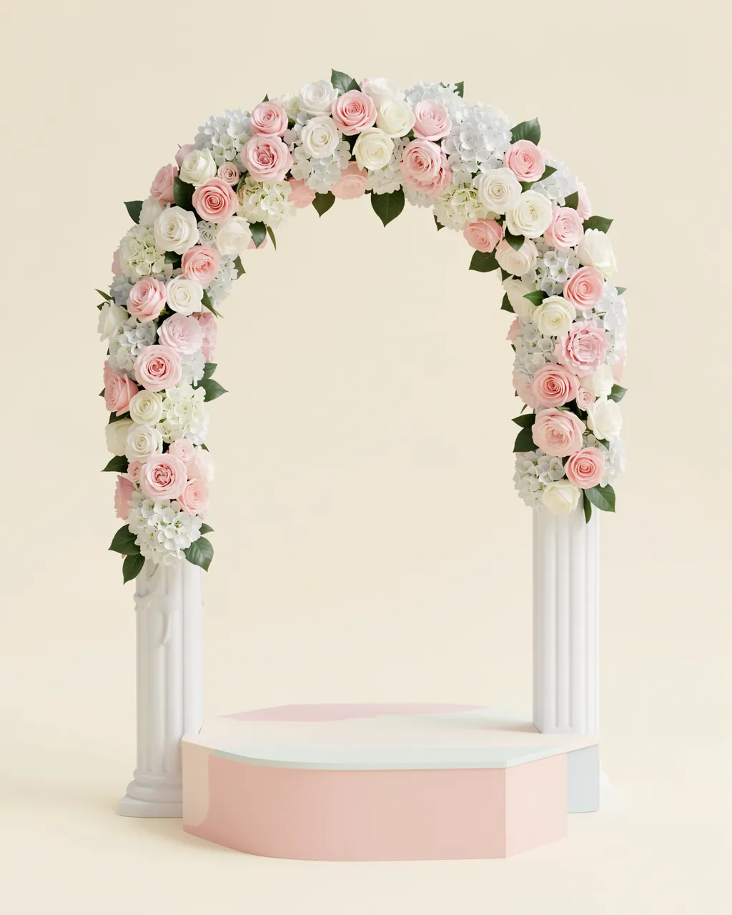 Soft 3D rendered floral wedding arch with pink and white flowers above a pastel display pedestal on a cream background