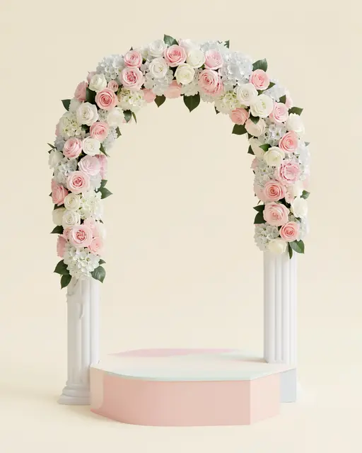 Soft 3D rendered floral wedding arch with pink and white flowers above a pastel display pedestal on a cream background