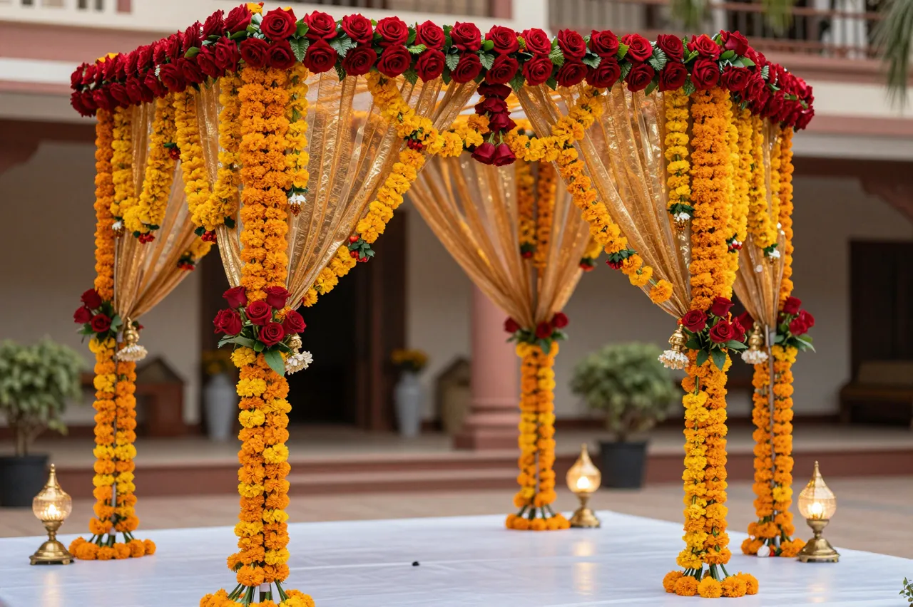 A decorated wedding mandap with marigold garlands, red roses, and glowing brass lamps set in an open courtyard