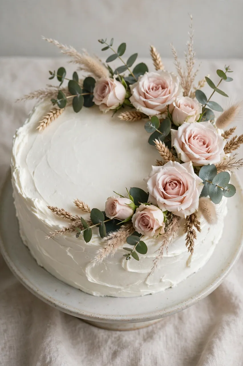 Textured white buttercream cake decorated with pale pink roses, eucalyptus and dried grasses on a ceramic stand