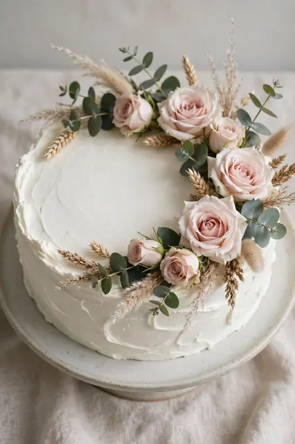 Textured white buttercream cake decorated with pale pink roses, eucalyptus and dried grasses on a ceramic stand
