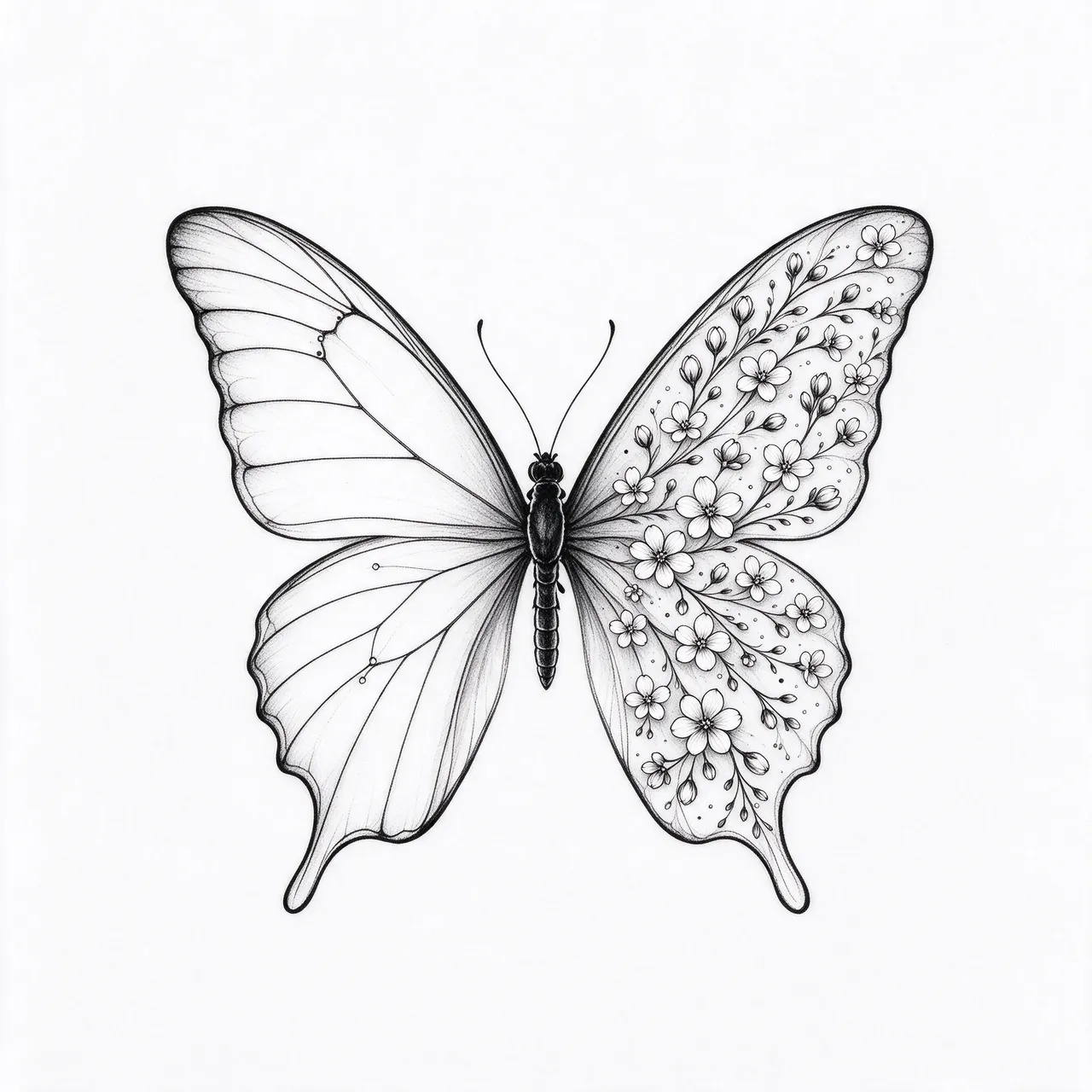 Fine line black ink butterfly illustration with veined left wing and blossom-covered right wing on white paper