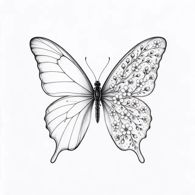 Fine line black ink butterfly illustration with veined left wing and blossom-covered right wing on white paper