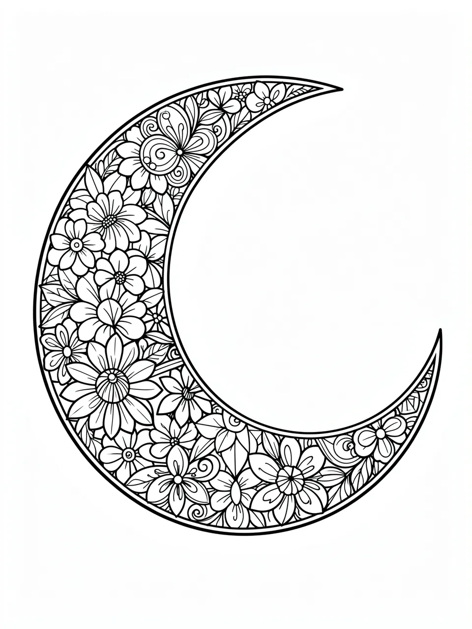 Black and white line art crescent moon filled with intricate floral zentangle patterns on a plain white background