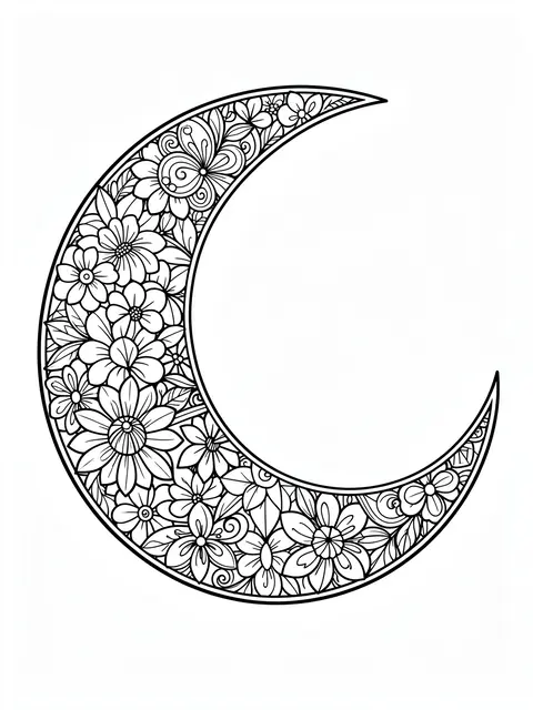 Black and white line art crescent moon filled with intricate floral zentangle patterns on a plain white background