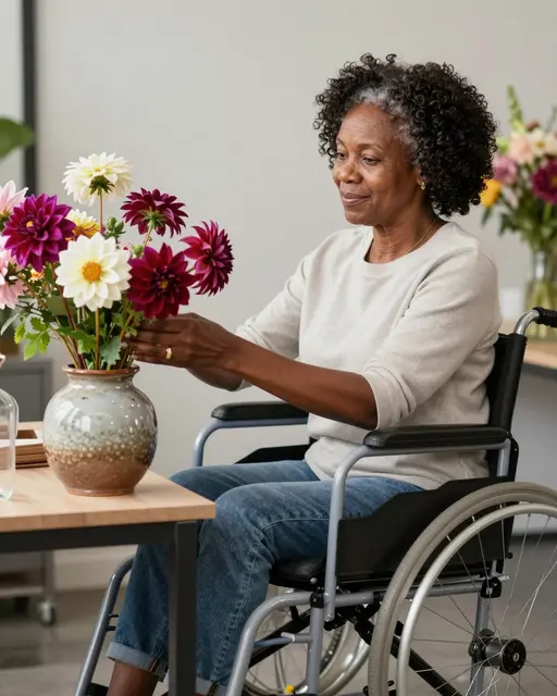 A senior Black woman in a wheelchair arranges colorful dahlias in a ceramic vase at a work table.