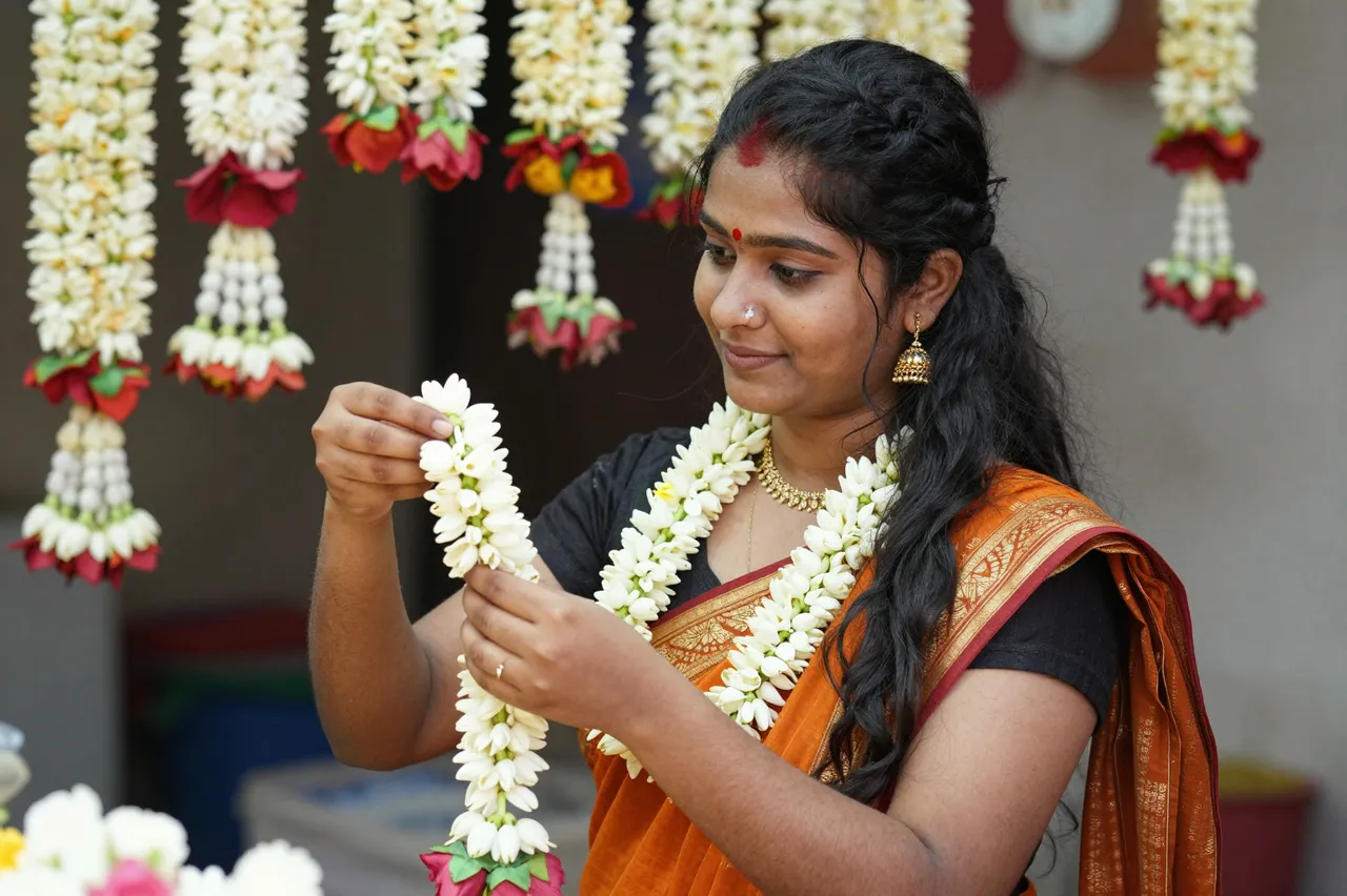 South Asian female florist threads jasmine flowers into a garland at her flower stall