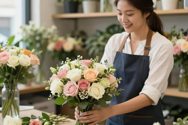 A smiling female florist holds a pastel rose bouquet while working in a sunlit flower shop.