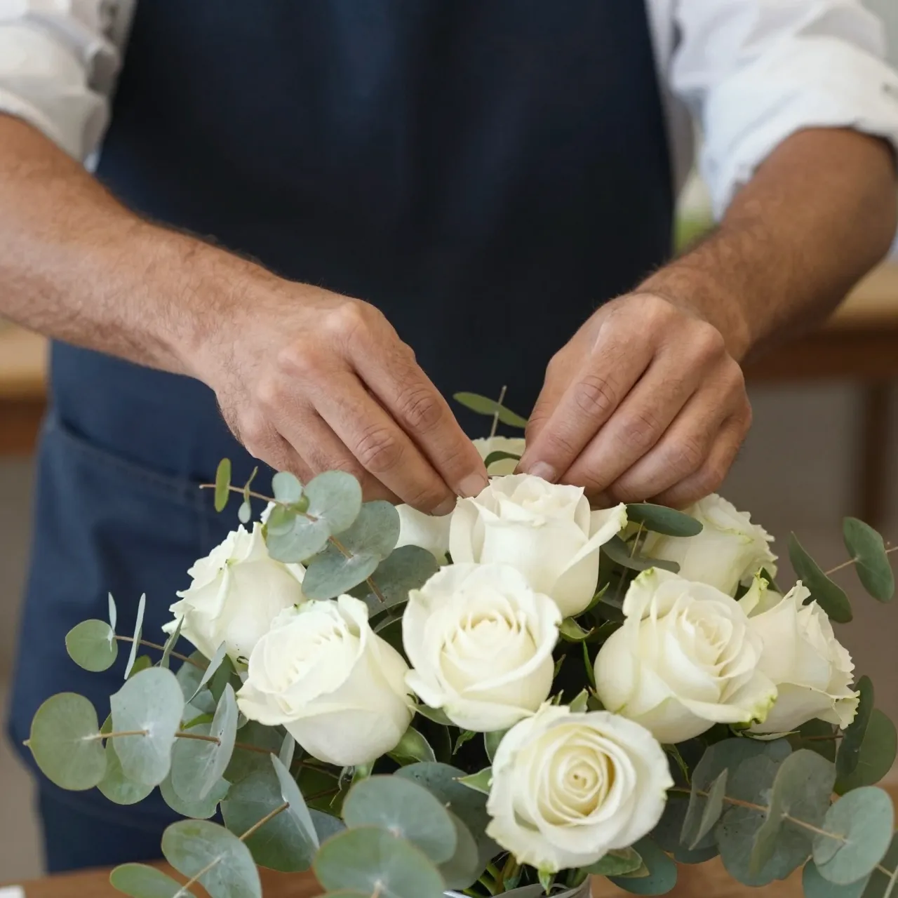 A florist adjusts eucalyptus and white roses in a floral centerpiece arrangement