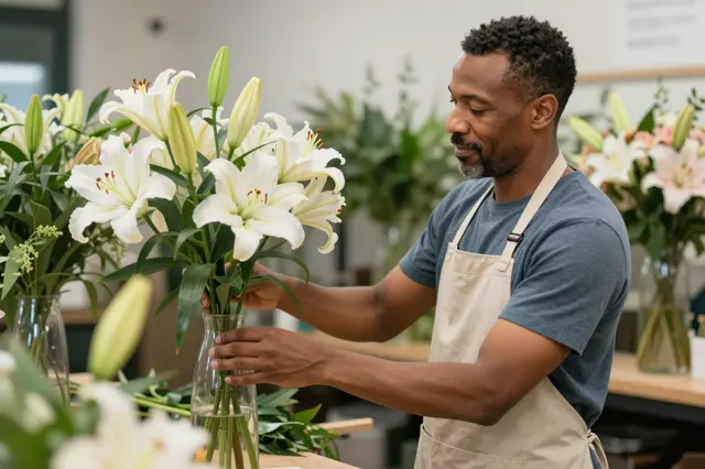 A man in an apron arranges white lilies in a glass vase at a florist workbench