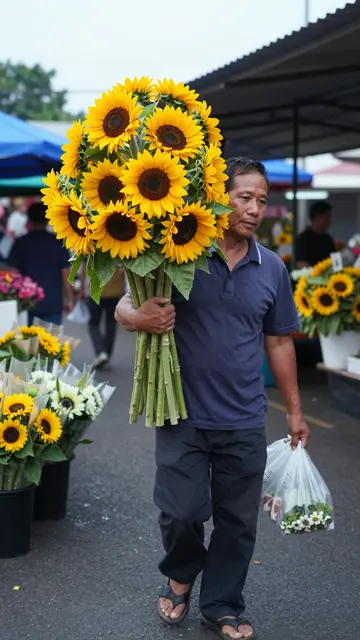 A middle-aged Southeast Asian florist carries a large armful of sunflowers while walking through a dawn flower market.