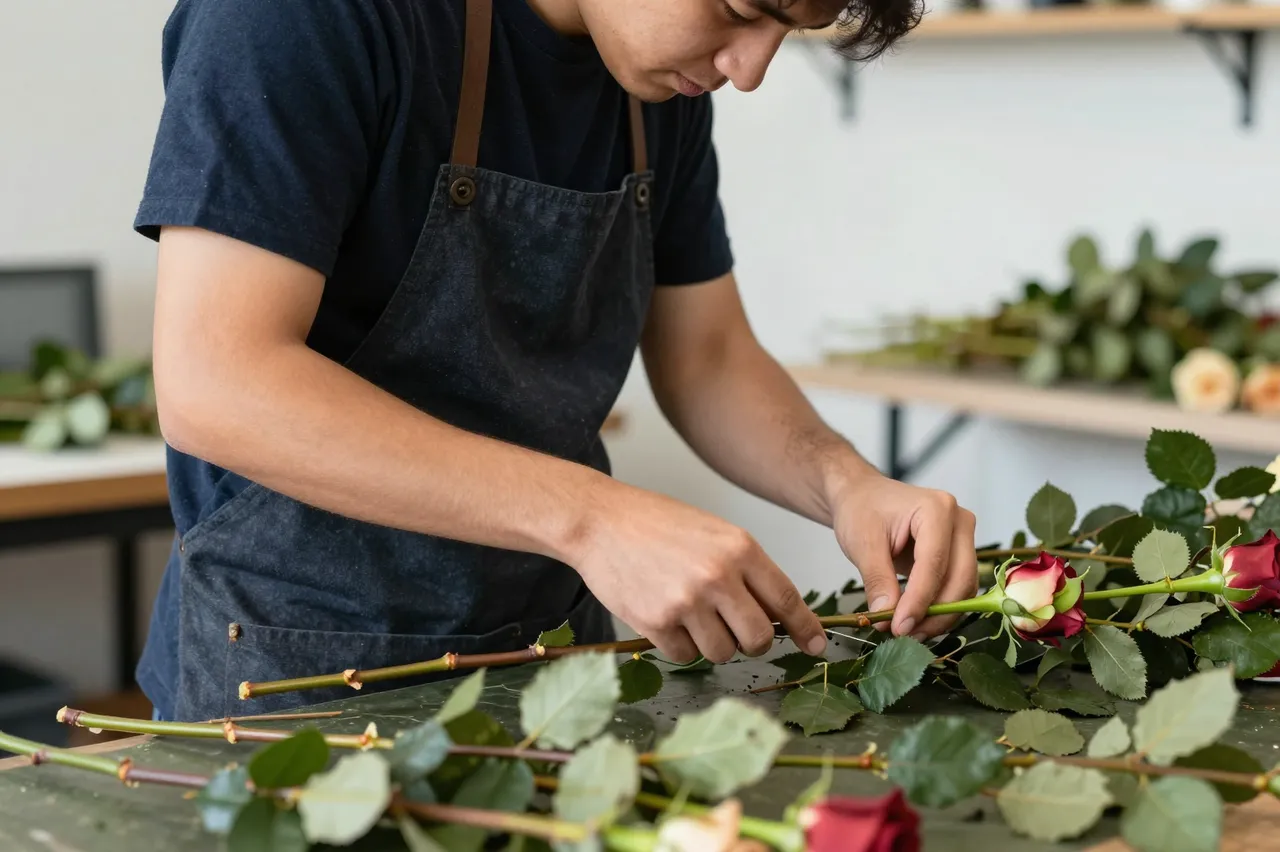 An indigenous florist in an apron trims rose stems at a leaf-covered workbench in his shop