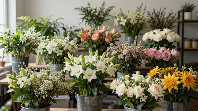 Assorted fresh cut flower arrangements in metal buckets fill a sunlit florist workshop interior.