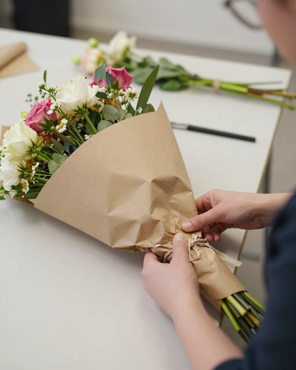A florist's hands tie twine around a bouquet of mixed flowers wrapped in brown kraft paper on a workbench