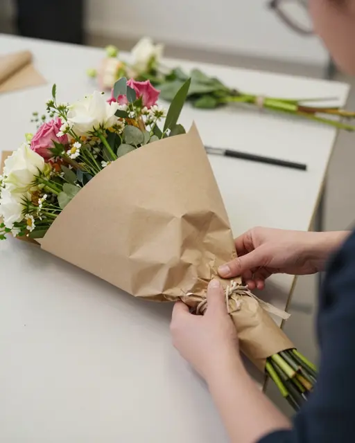 A florist's hands tie twine around a bouquet of mixed flowers wrapped in brown kraft paper on a workbench
