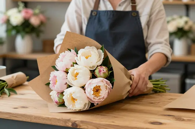 A florist in a dark apron wraps a peony bouquet in brown kraft paper on a wooden shop counter.