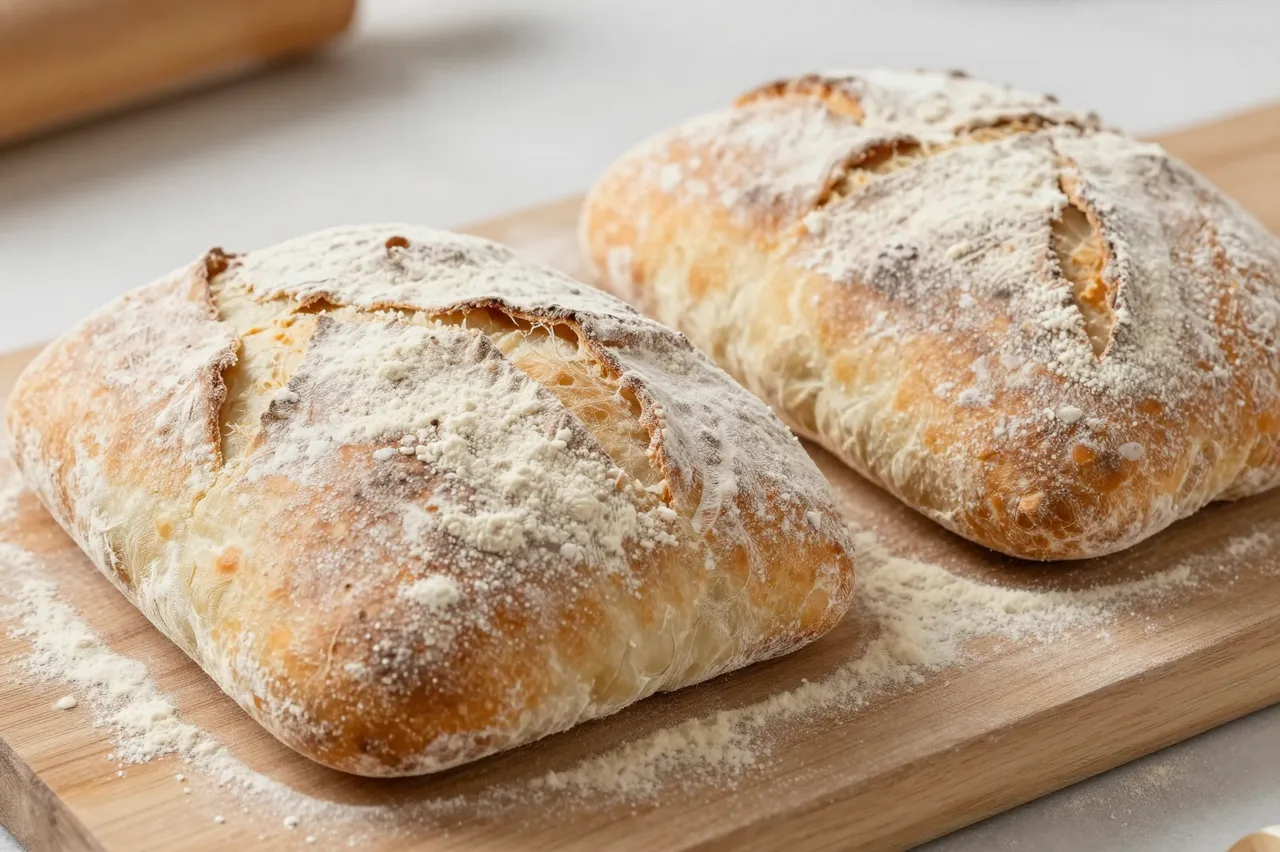 Two freshly baked flour-dusted ciabatta rolls rest on a wooden baking peel