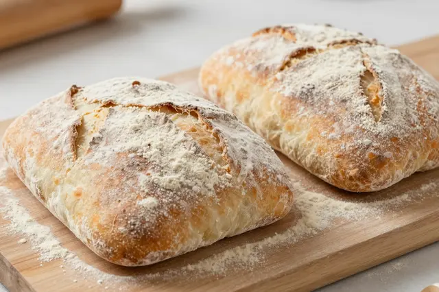 Two freshly baked flour-dusted ciabatta rolls rest on a wooden baking peel