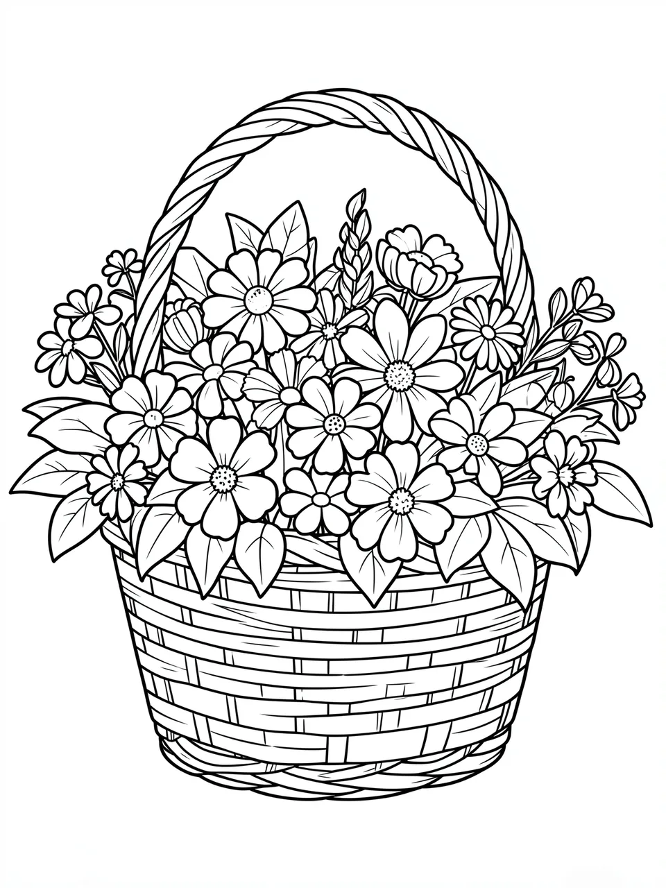 Black and white line art of a woven basket overflowing with assorted garden flowers on a plain white background
