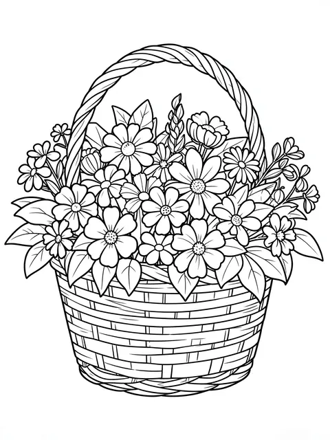 Black and white line art of a woven basket overflowing with assorted garden flowers on a plain white background
