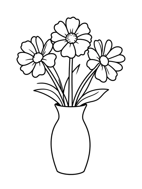 Black and white line drawing of a simple three-flower bouquet in a vase on a plain white background