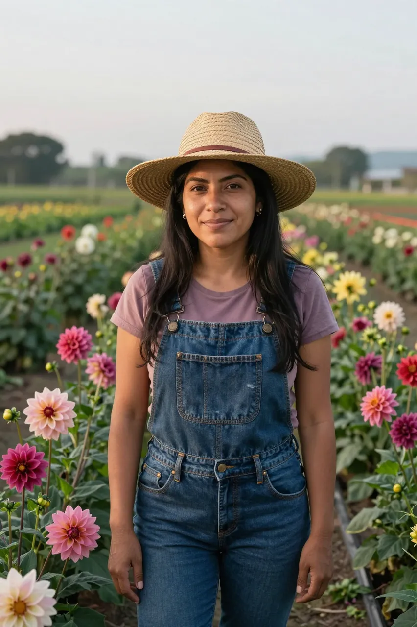 Latina woman in denim overalls and straw hat stands between rows of blooming dahlias at golden hour