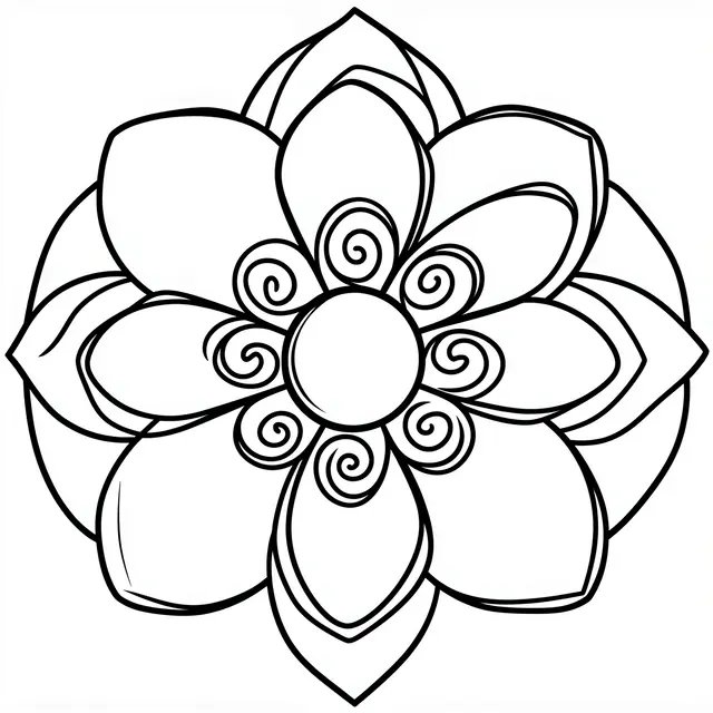 Bold black and white line art of a flower-shaped mandala with swirl details on a plain white background