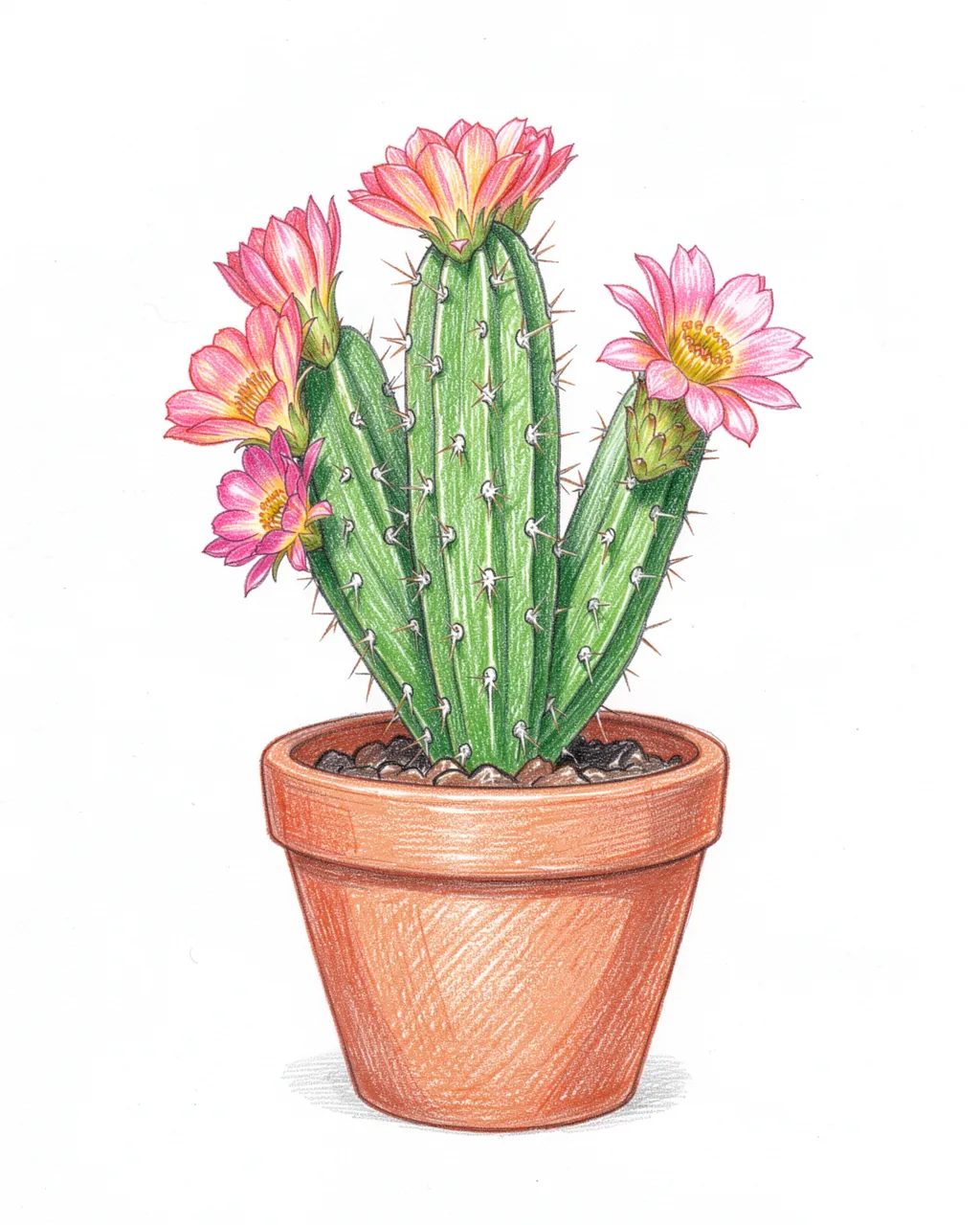 Colored pencil drawing of a blooming cactus in a clay terracotta pot against a plain white background