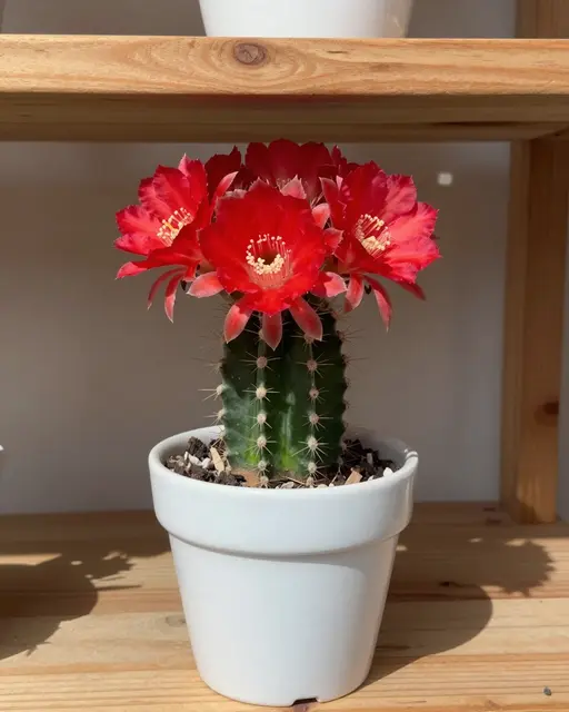 A flowering cactus with bright red blooms sits in a white ceramic pot on a sunlit wooden shelf.
