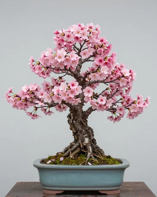 A blooming pink cherry bonsai sits in a shallow blue ceramic pot on a wooden table against a plain gray background