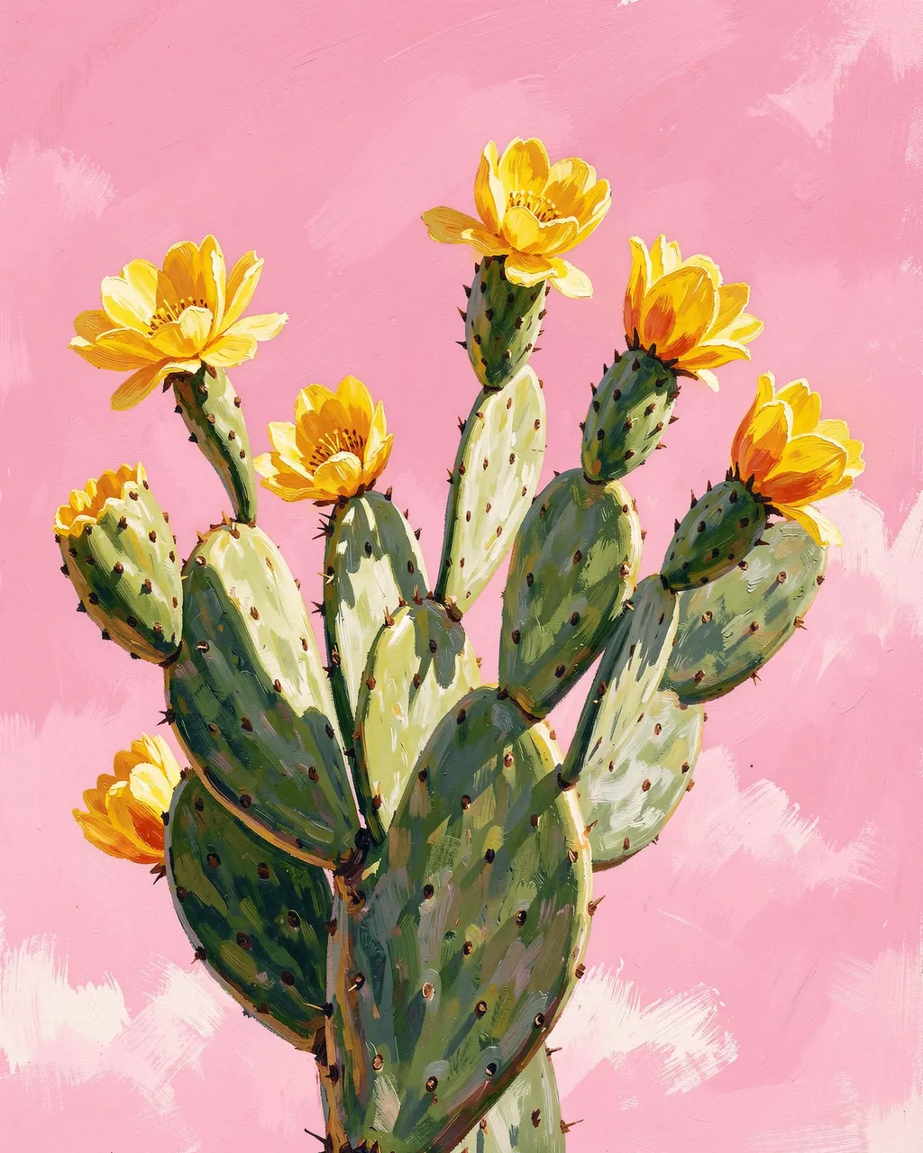 Gouache painting of a prickly pear cactus with bright yellow blooms against a soft pink sky