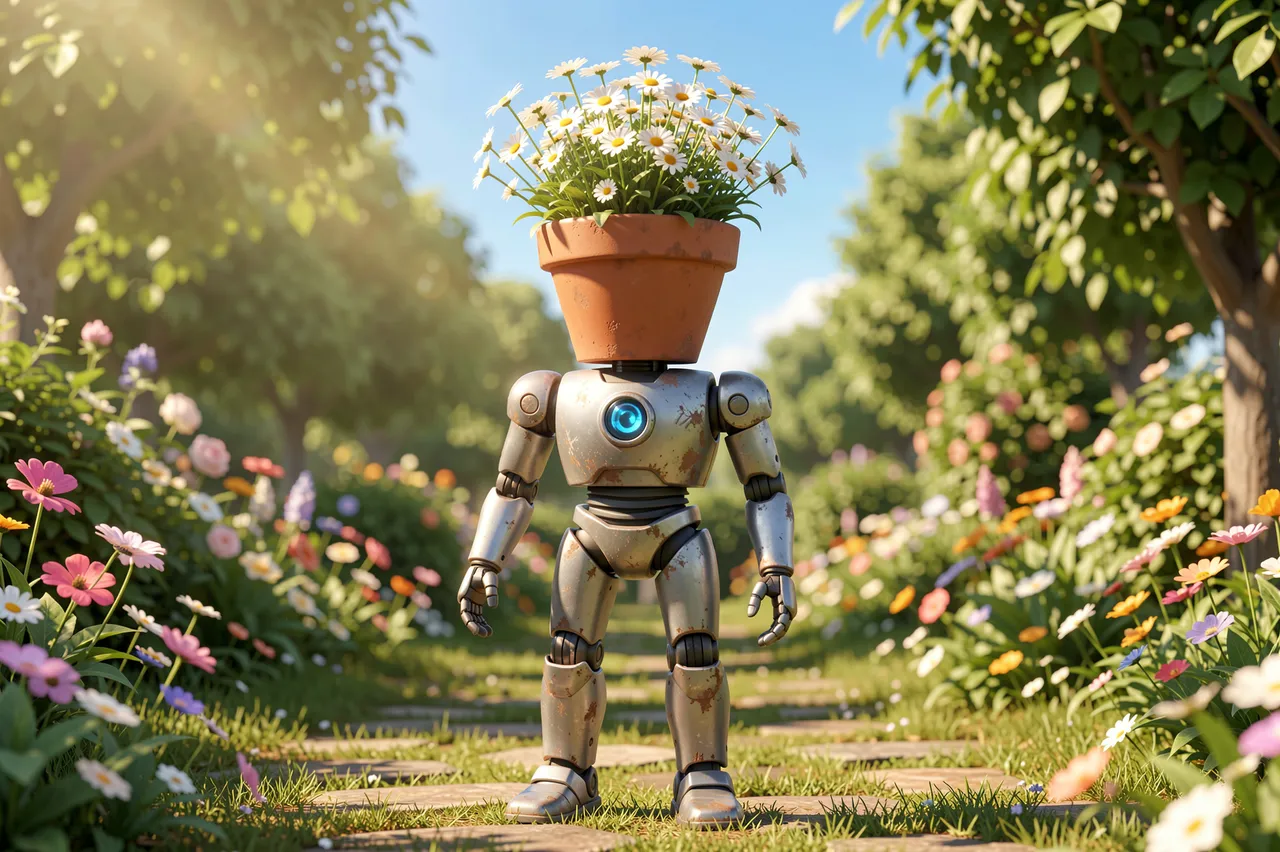 A metallic robot with a terracotta flowerpot head of daisies stands on a stone garden path in bright sunlight