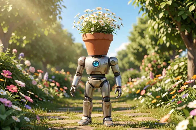 A metallic robot with a terracotta flowerpot head of daisies stands on a stone garden path in bright sunlight