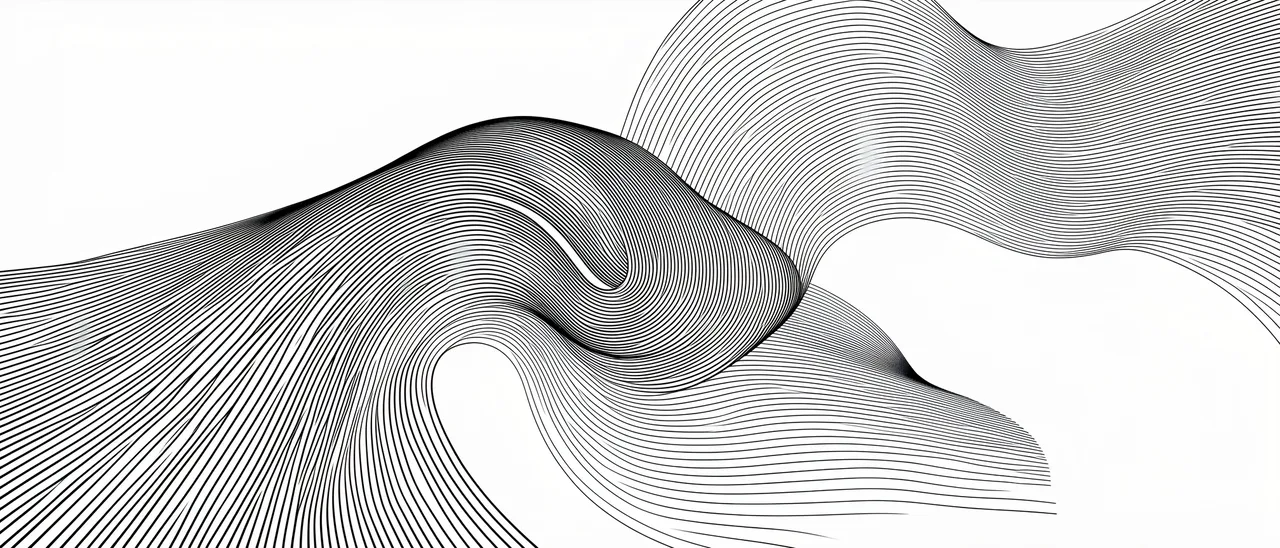 Smooth curved parallel black lines twist and flow across a plain white background
