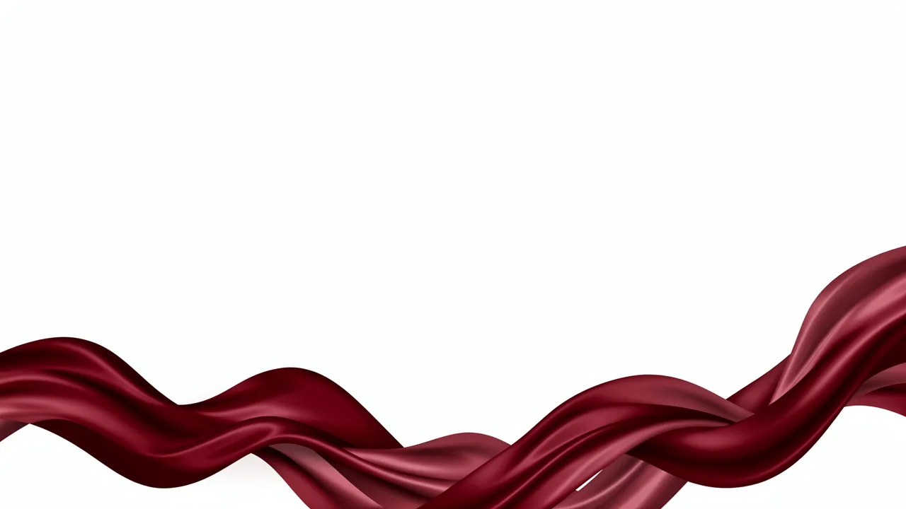Glossy swirling burgundy satin ribbon runs along the bottom edge against a plain white empty background.