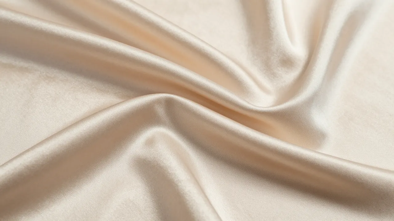 Close-up of soft champagne satin fabric with natural flowing folds and subtle sheen