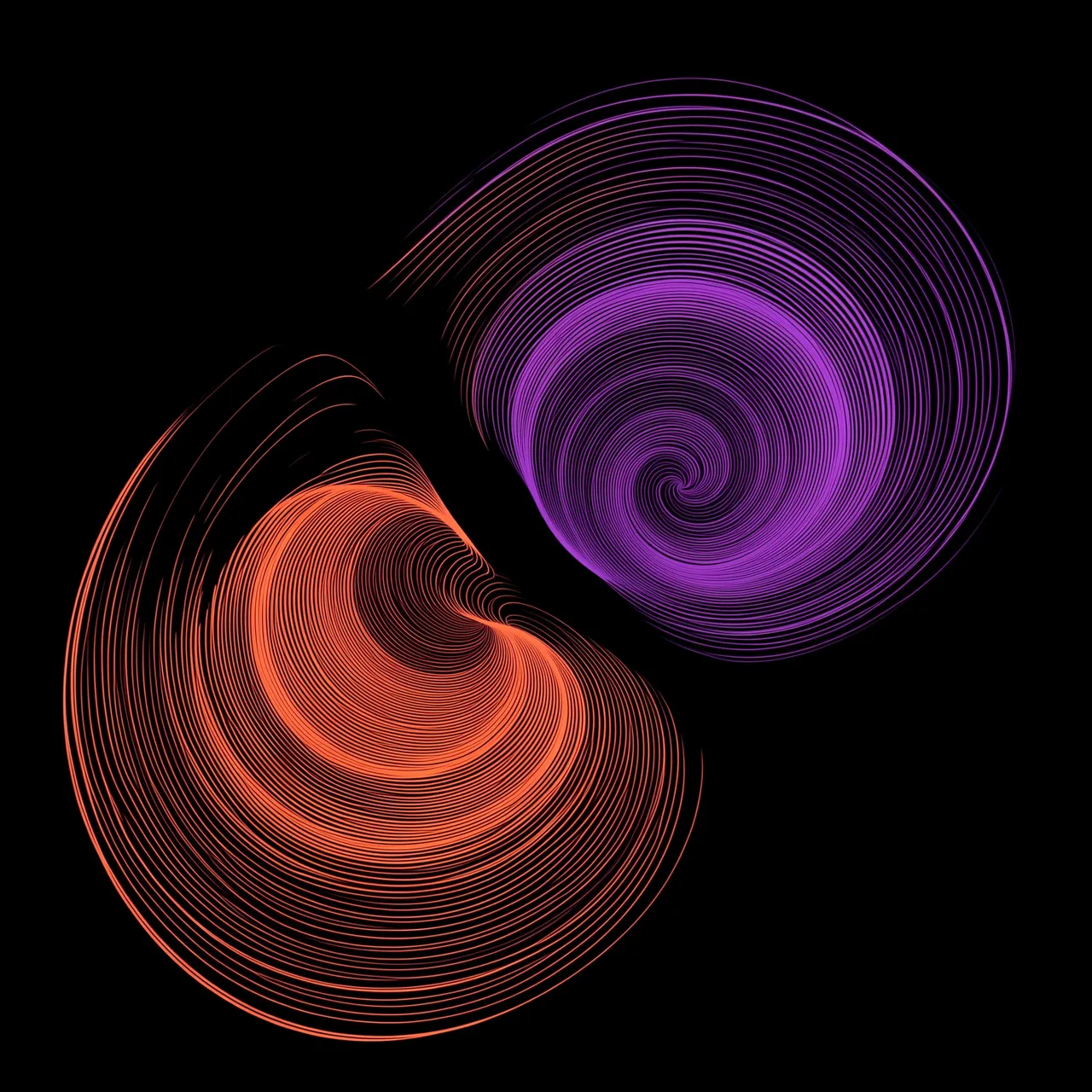 Two swirling line eddies shaded from coral orange to violet against a solid black background