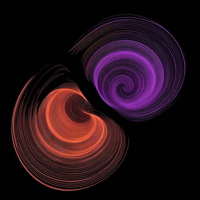 Two swirling line eddies shaded from coral orange to violet against a solid black background