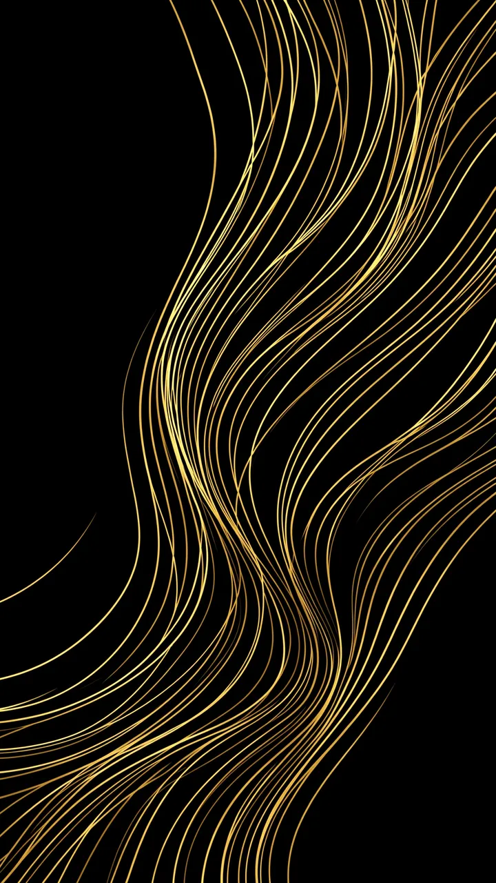 Smooth curving thin gold lines flow vertically across a solid black background