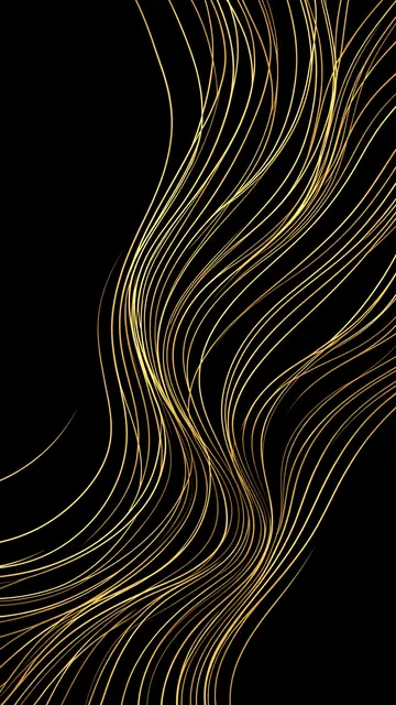 Smooth curving thin gold lines flow vertically across a solid black background