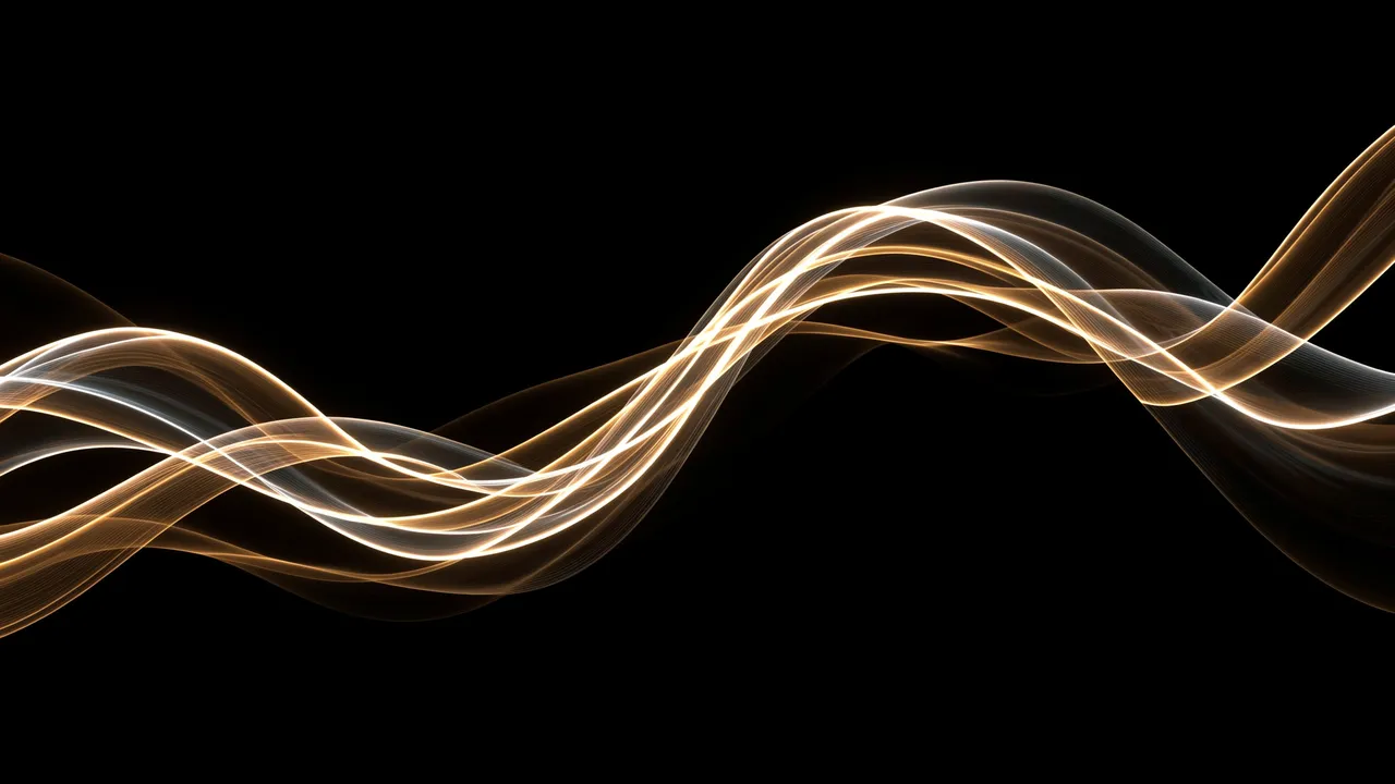 Wavy translucent golden and white light ribbons curve across a solid black background