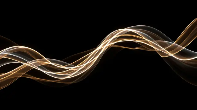 Wavy translucent golden and white light ribbons curve across a solid black background