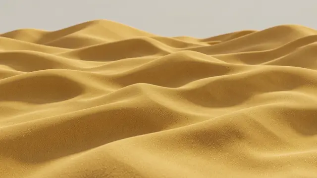 Smooth undulating golden sand dunes stretch beneath a soft pale gray sky